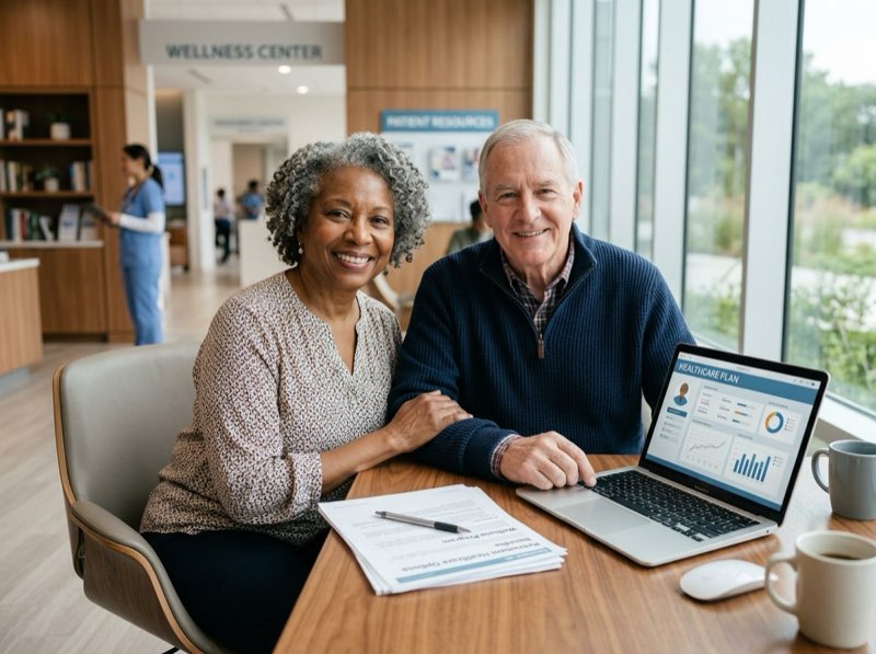 Senior couple reviewing Medicare options